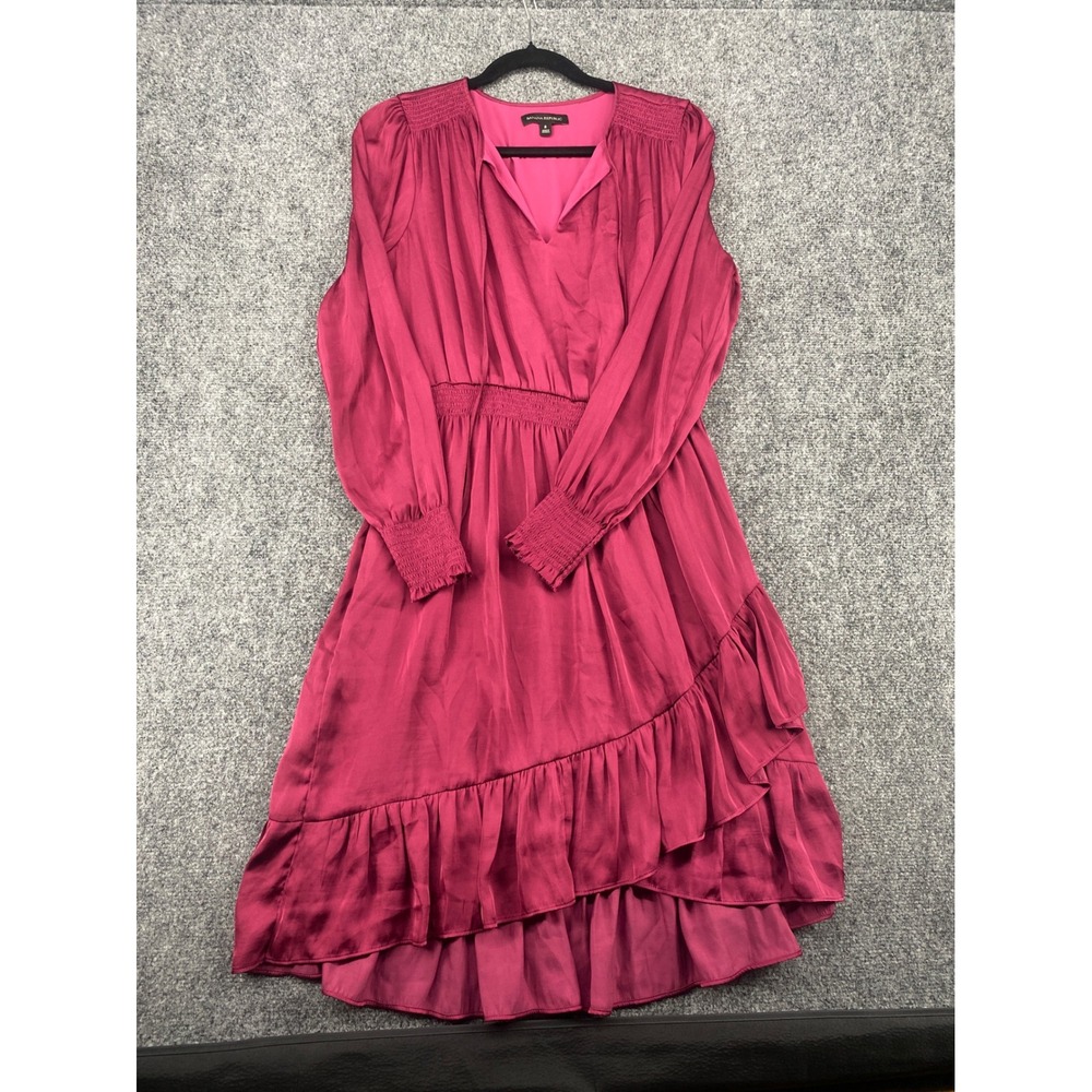 Banana Republic Smocked Waist Ruffle Midi Dress Women 8 Magenta Pink Long Sleeve
